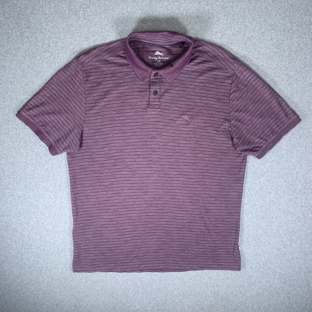 Tommy Bahama Polo Shirt Mens Large Purple Striped Short Sleeve Cotton Blend‎